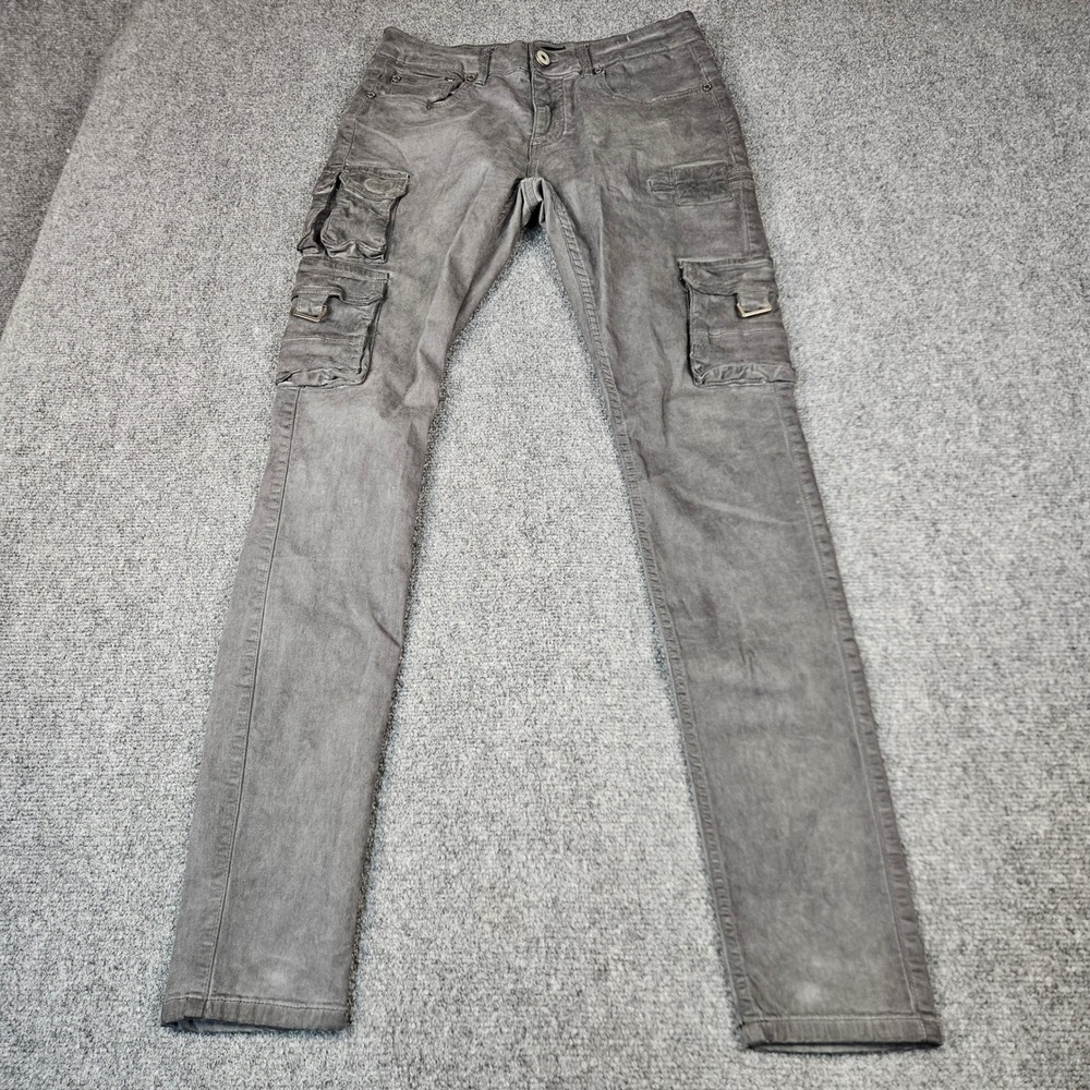 Serenede Fitted Denim Cargo Pants Mens 30 Washed Grey Tactical Slim Stretch